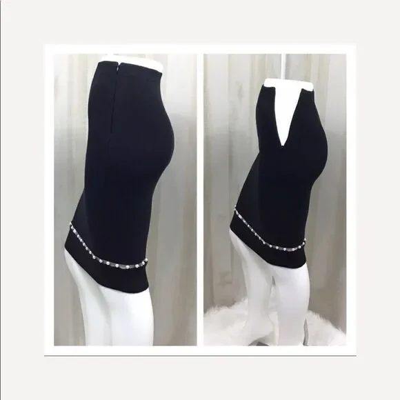 Givenchy Black Midi Slip Skirt Pearl Insert Black Wool Blend Skirt New Size XS - Picture 8 of 8